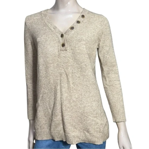 Anthropologie Women’s Size S Tan Button Henley V-Neck Viscose Blend Knit Sweater - Picture 5 of 11